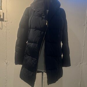 Cole Haan navy Puffer hooded long winter coat w flower inside print zipper